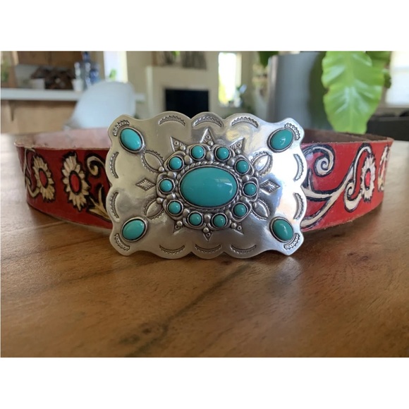 Accessories - VTG Western Belt Longhorn Detail Hand Painted Turquoise Silver Americana